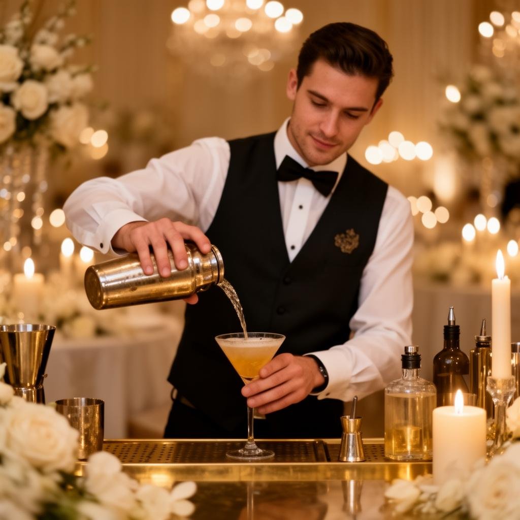Bartender profesional sirviendo coctelería en evento de lujo