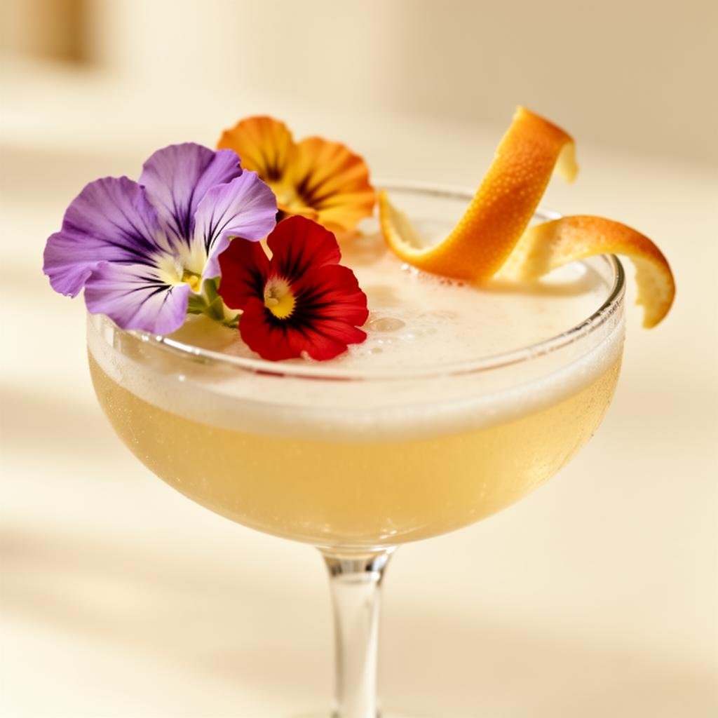 Cóctel de autor con flores comestibles servido en evento premium
