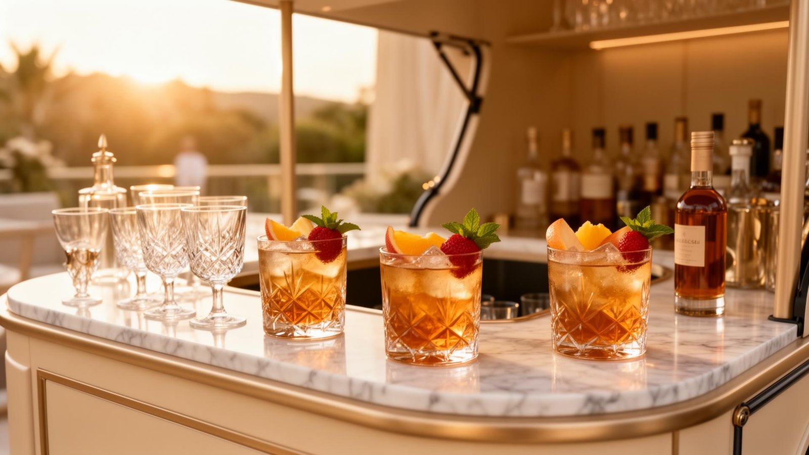 Barra móvil premium con cristalería y cócteles para eventos en Buenos Aires